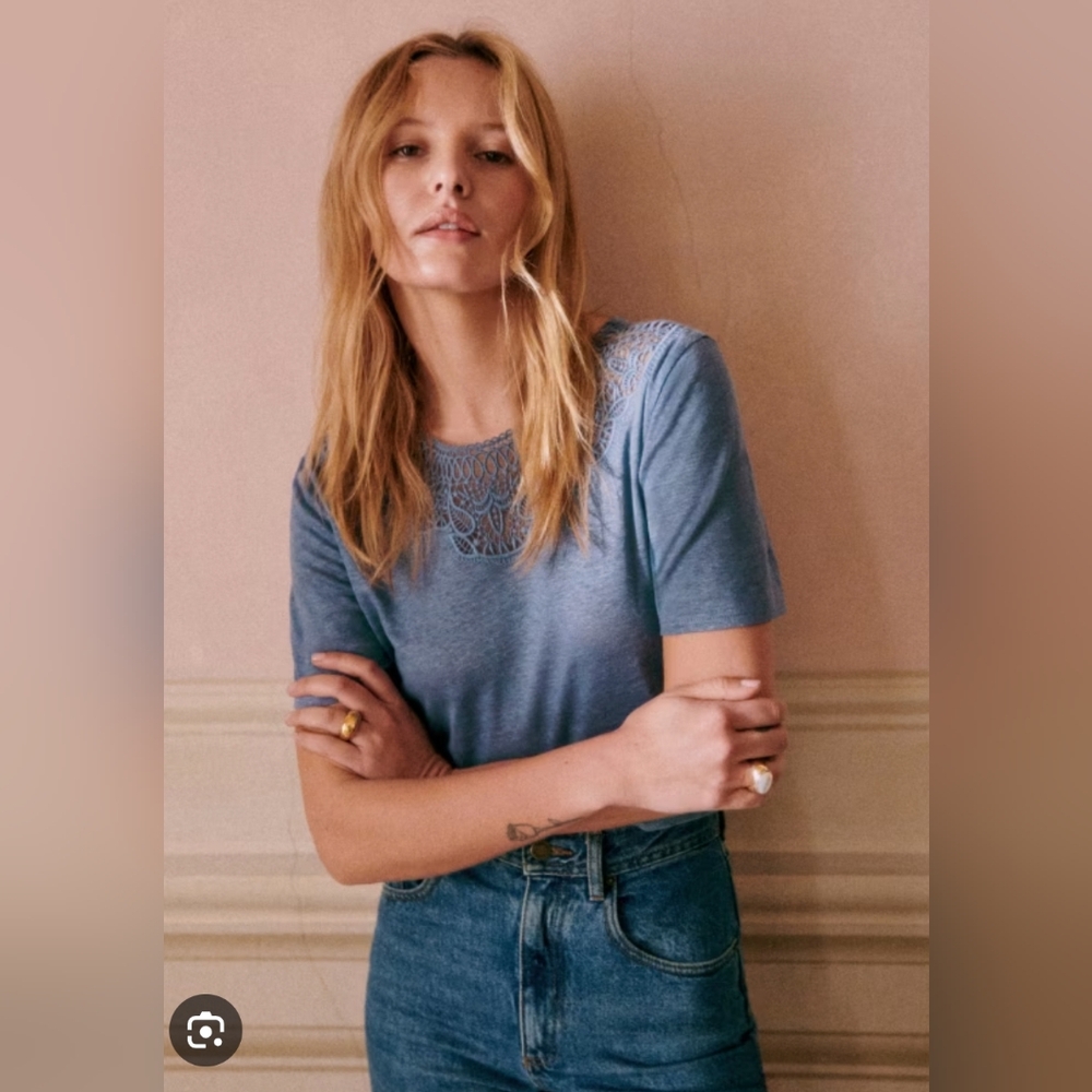 Sezane Linen Vintage Blue Lace 'Vilma' Detailed Top- Size L